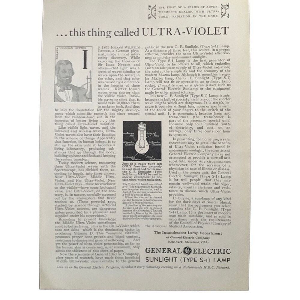 Vintage 1930 General Electric Sunlight Ultra Violet Ad Advertisement